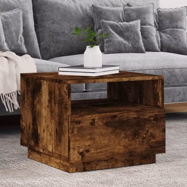Berkfield Home Modern Coffee Table with LED Lights in Smoked Oak Brown, W/D/H: 50 x 49 x 40 cm – 1