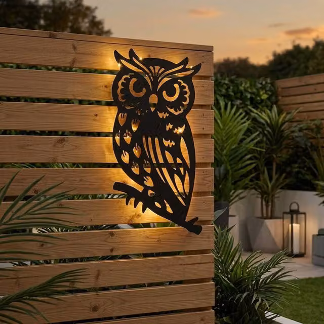 Garden Greatness 25 LED Metal Owl Solar Wall Art Statement Light in Metallics and Black
