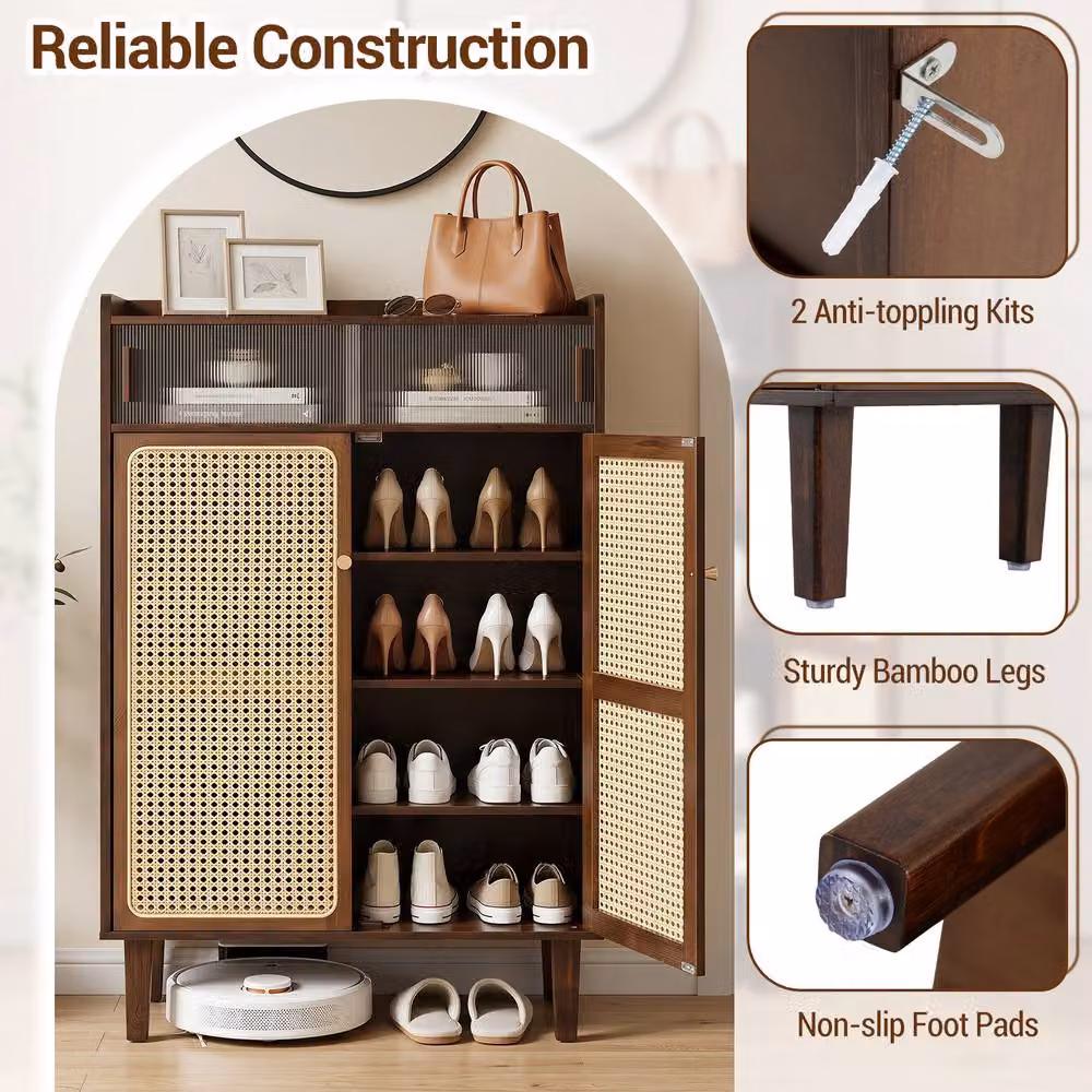 Gymax Bamboo Freestanding Shoe Cabinet with Rattan Sliding Doors in Brown – 7