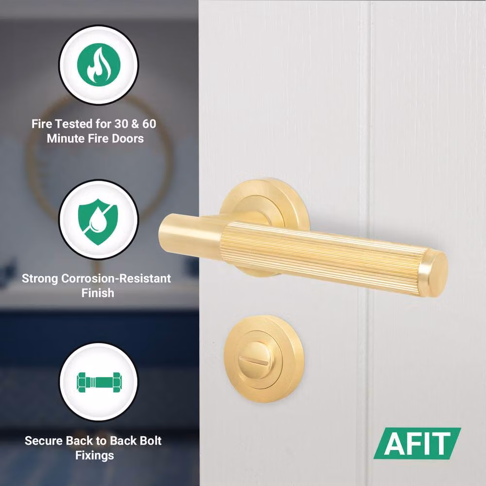 AFIT Satin Brass Fire Door Handle and Bathroom Lock Set with Hinges in Gold – 2