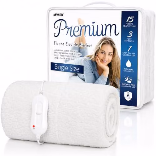 Mylek Single Fleece Fitted Heated Mattress Cover, White, W/D/H: 107 x 200 x 40 cm