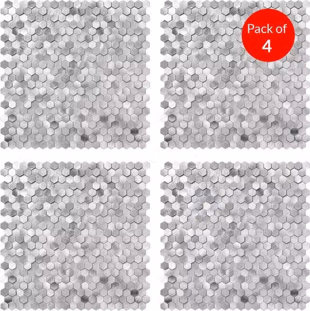 ENER-J HexaGloss Silver Aluminum Peel and Stick Mosaic Wall Tiles, Pack of 4
