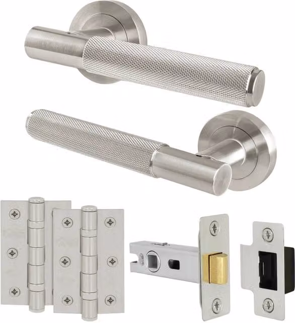 AFIT Satin Nickel Knurled Rose Door Handles and Latch Kit with Hinges, Silver, 1 Pair – 1