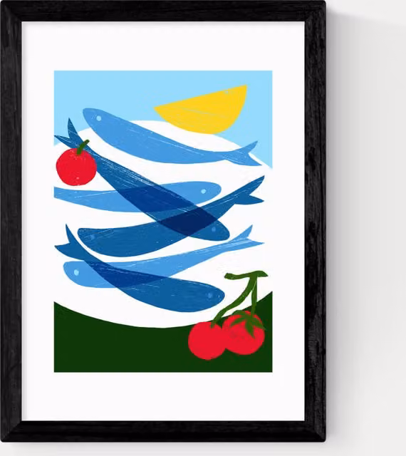 East End Prints Small Fish Framed Art, Multicolour Modern Animal Illustration in Black Wood Frame