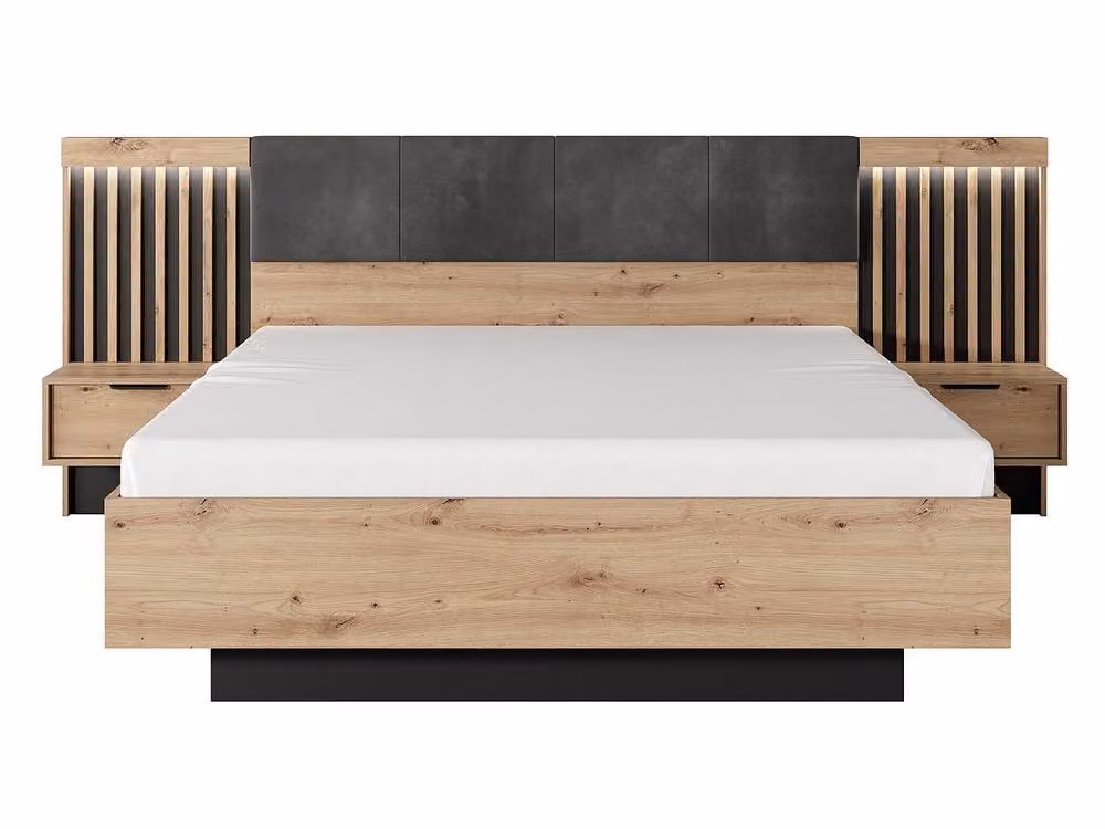 Vente-unique Modern Double Bed with Bedside Tables and Under-bed LED Lighting, Black and Brown, W/D/H: 160 x 200 x 240 cm – 3