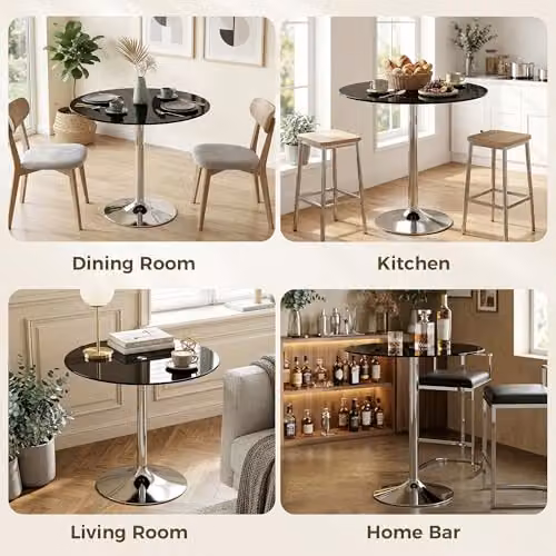 HOMCOM Round Bar Table with Black Tempered Glass Top and Steel Frame, W/D/H: 80 x 80 x 77 cm – 6