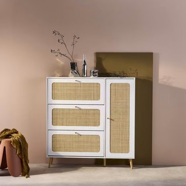 sweeek Scandinavian Canework Shoe Cabinet in White with 3 Drawers and Tilting Compartments, W/D/H: 120 x 24 x 125 cm