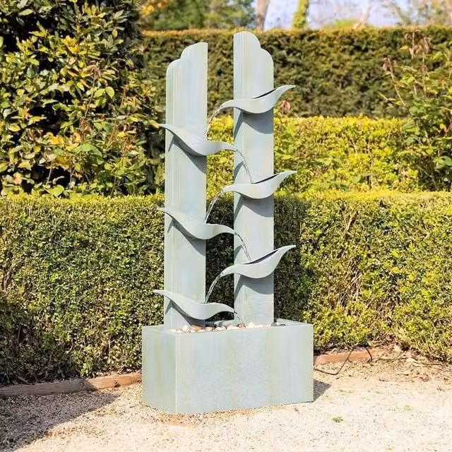 Primrose Elvas Tiered Cascading Zinc Water Feature with Lights in Grey, Height: 123 cm