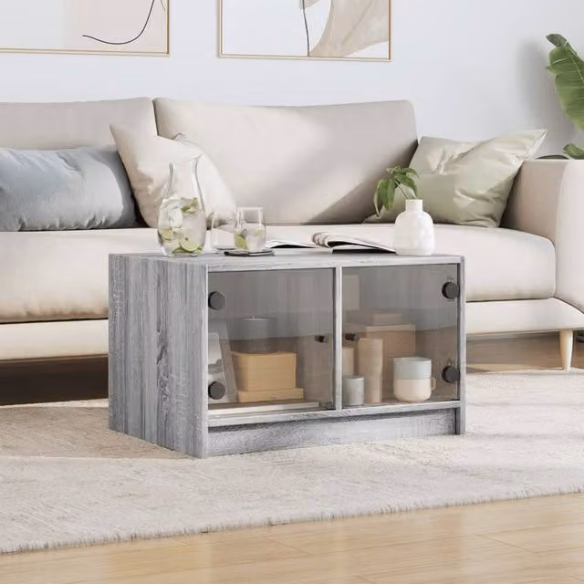 Berkfield Home Modern Coffee Table with Glass Doors, Grey Sonoma, W: 68 cm, D: 50 cm, H: 42 cm