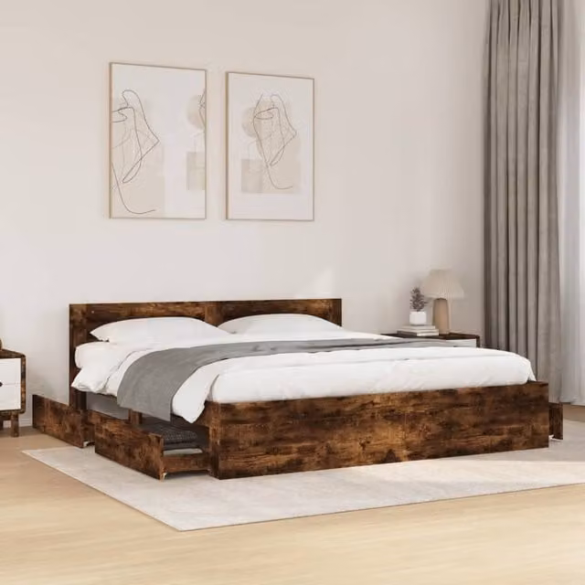 Berkfield Home Bed Frame with Headboard and Drawers in Smoked Oak Brown, W/D/H: 200 x 200 cm