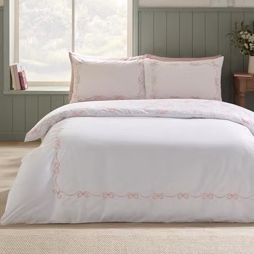 Catherine Lansfield Bow Embroidery Double Duvet Cover and Pillowcase Set in White and Pink, W/D/H: 200 x 200 cm and 50 x 75 cm – 1