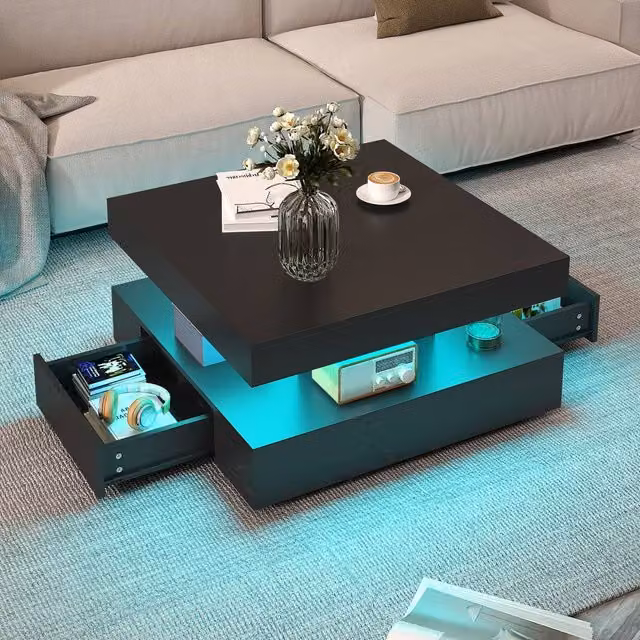 KEEPREAPER Modern LED Coffee Table with 2 Storage Drawers in Black – 1