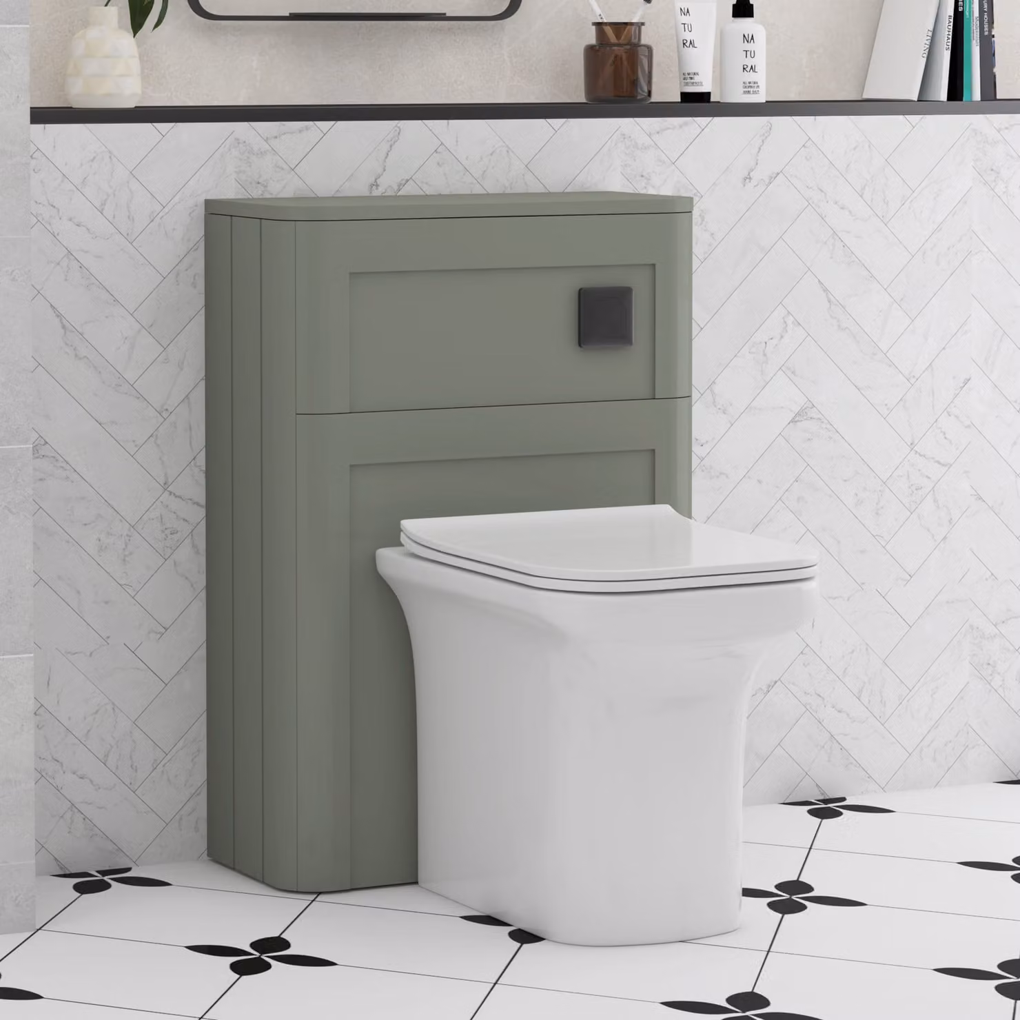 Royal Bathrooms Henley Sage Green Wall Mounted WC Unit with Crosby Rimless Ceramic Toilet Pan, Seat and Cistern, Width: 55 cm