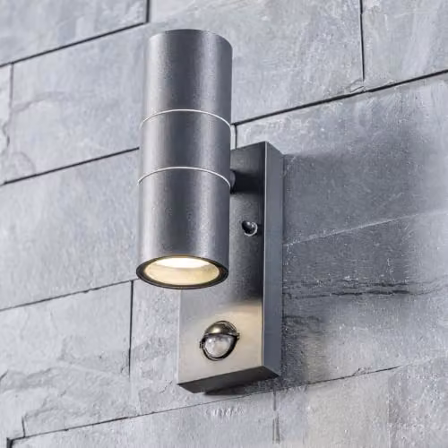 CGC Lighting Mia Up and Down Outdoor Wall Light, Grey Stainless Steel with PIR Motion Sensor and GU10 LED, IP44 Waterproof Garden Security Lamp – 1