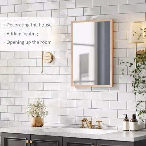 HOMCOM Rectangular Wall Mounted Glass Vanity Mirror in Beige and Brown – 2