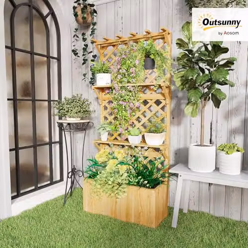 Outsunny Wooden Raised Planter with Trellis and 2 Shelves, Brown and Beige – 2