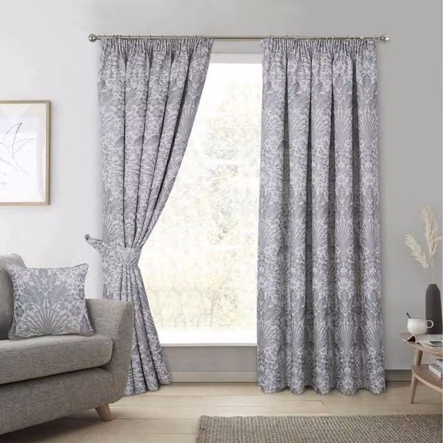 FWStyle Keswick Grey Woven Leaf Floral Thermal Insulating Pencil Pleat Curtains, Grey
