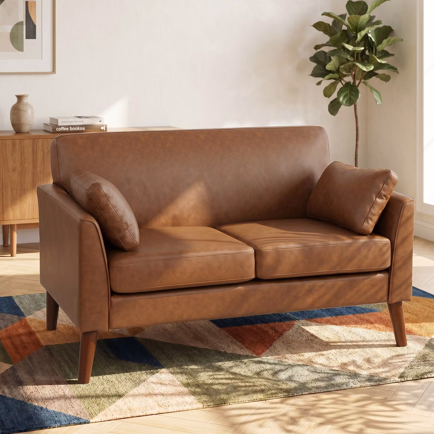 HOMCOM 2 Seater Modern Small Sofa in Brown with Synthetic Leather Upholstery and Solid Wood Legs, W: 132 cm – 2