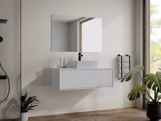 Vente-unique White Wall-Mounted Bathroom Vanity Unit with Single Square Ceramic Basin, W/D/H: 94 x 47 x 37 cm – 1