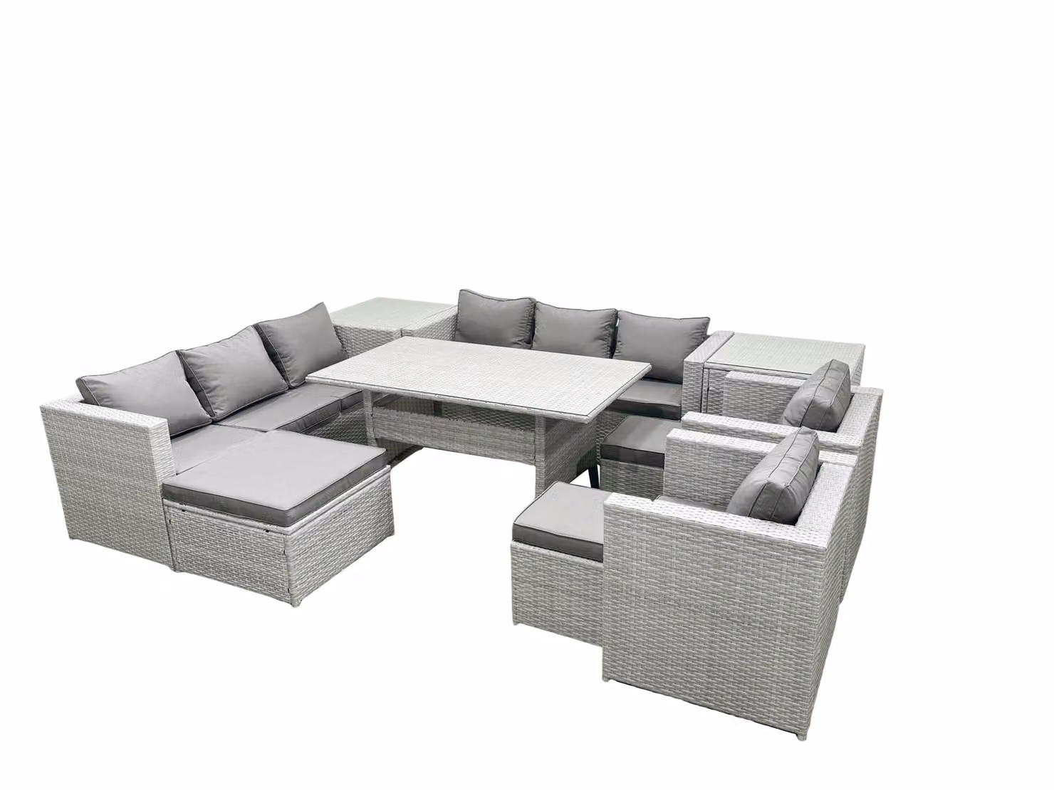 Fimous 8 Seater Rattan Garden Furniture Set with Dining Table, 2 Chairs, 2 Side Tables and 3 Footstools in Light Grey – 2