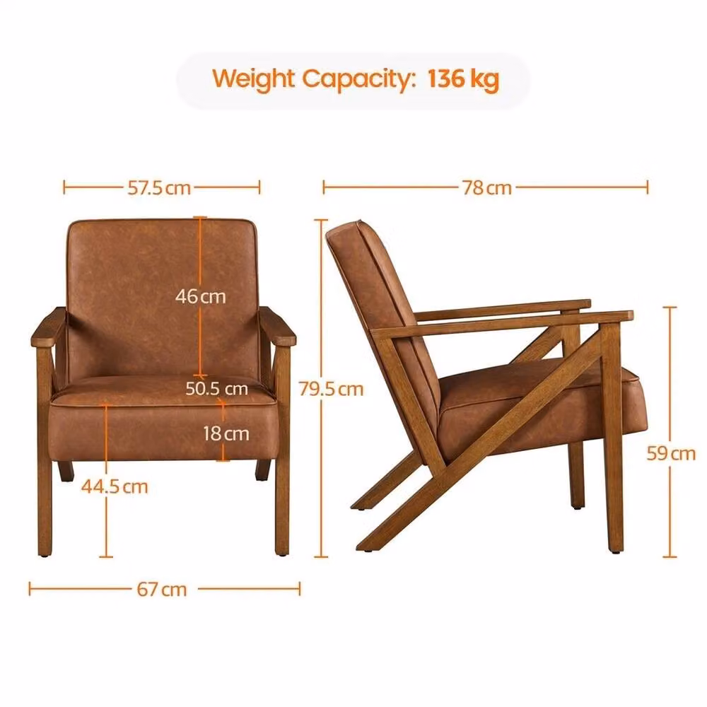 Kelvenix Mid-Century Modern Faux Leather Armchair in Brown with Solid Rubberwood Frame – 2