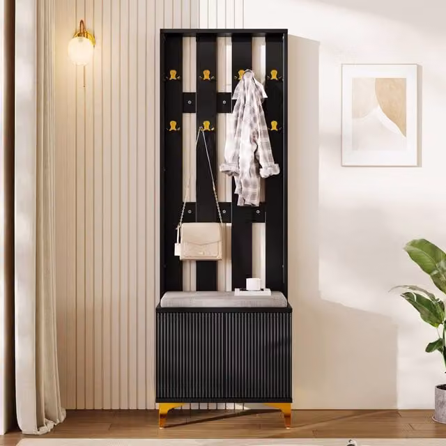 ModernLuxe Hallway Wardrobe and Shoe Cabinet Set in Matt Black with Bench, Drawers and Soft-Close Doors
