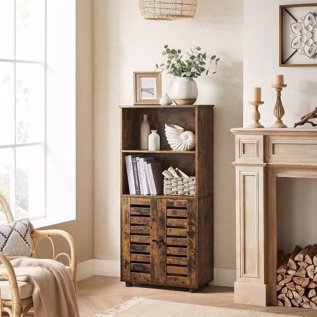 The Bazaarist Rustic Brown Kitchen Storage Cabinet with Louvered Doors and Open Shelves, W/D/H: 125.0 x 30.0 x 60.0 cm