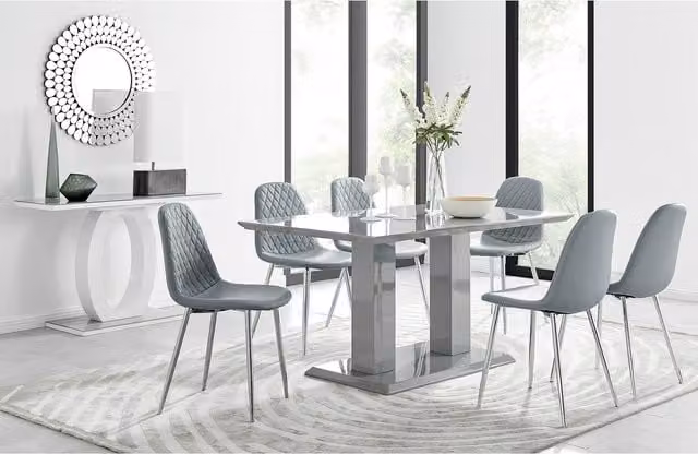 FurnitureboxUK Imperia Grey Glass Rectangular Dining Table and 6 Corona Silver Leg Chairs Set