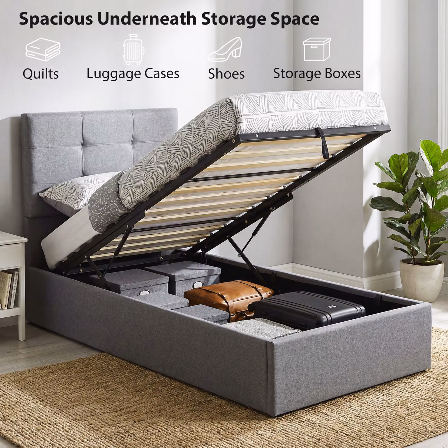 HOMCOM Single Ottoman Bed with Gas Lift Storage, Grey, W/D/H: 90 x 190 x 35 cm – 4