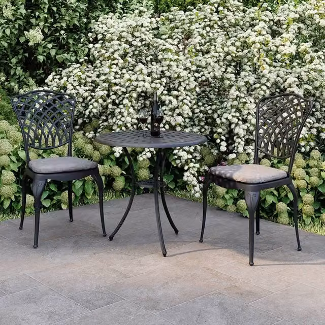 Charles Bentley Cast Aluminium Bistro Set with Round Table and 2 Armchairs, Black with Grey Cushions, W/D/H: 70 x 70 x 68 cm – 1