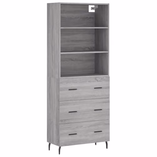 vidaXL Highboard in Grey Sonoma, Modern Matt MDF and Metal Cabinet, W: 69.5 cm, D: 34 cm, H: 180 cm