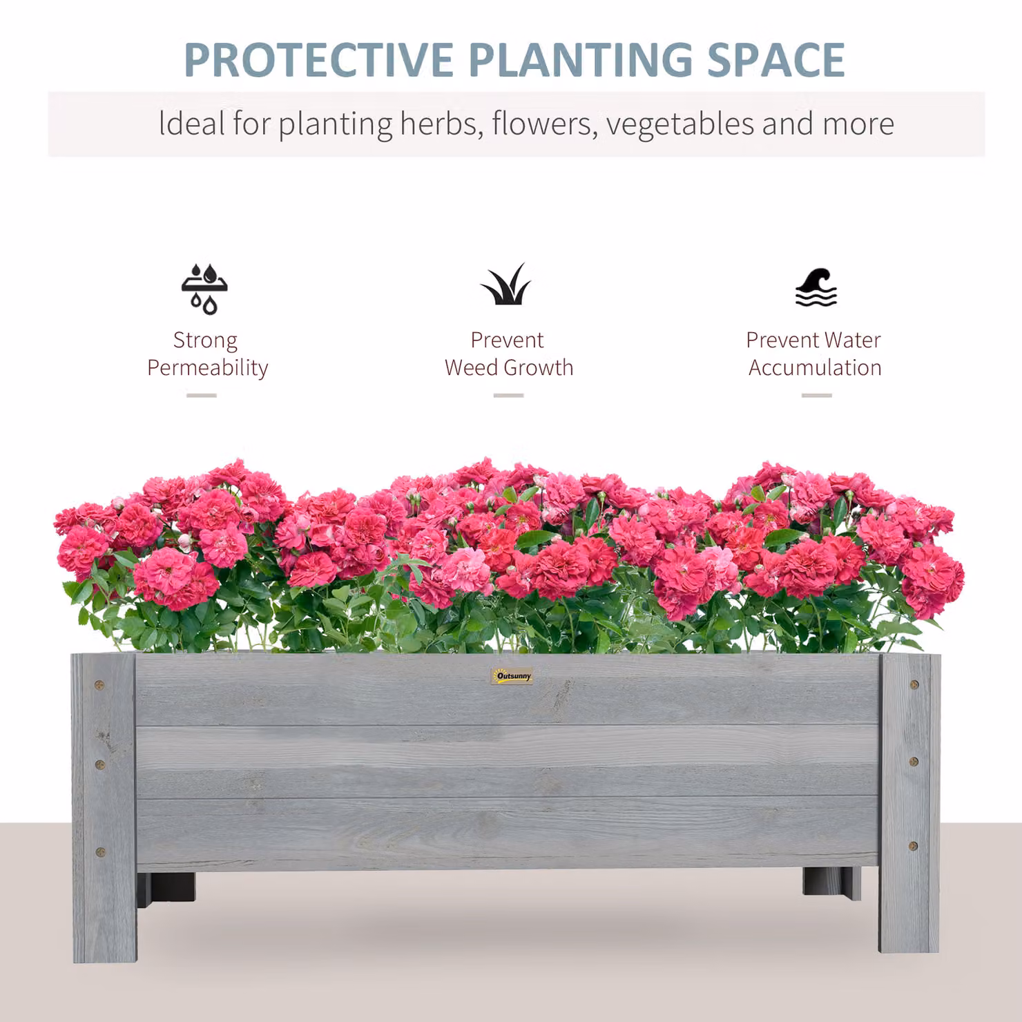 Outsunny 58L Grey Fir Wood Raised Bed Planter for Outdoor Gardens, W: 100 cm, D: 36.5 cm, H: 36 cm – 3