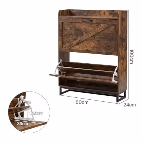 Levede Slim Shoe Cabinet with 2 Tilting Drawers and Internal Shelves, Brown Walnut Wood Colour, H 80 x W 100 x D 24 cm – 2
