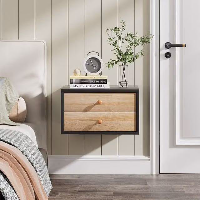 Lifeideas Modern Wall Mounted Floating Bedside Table with Two Drawers, Black
