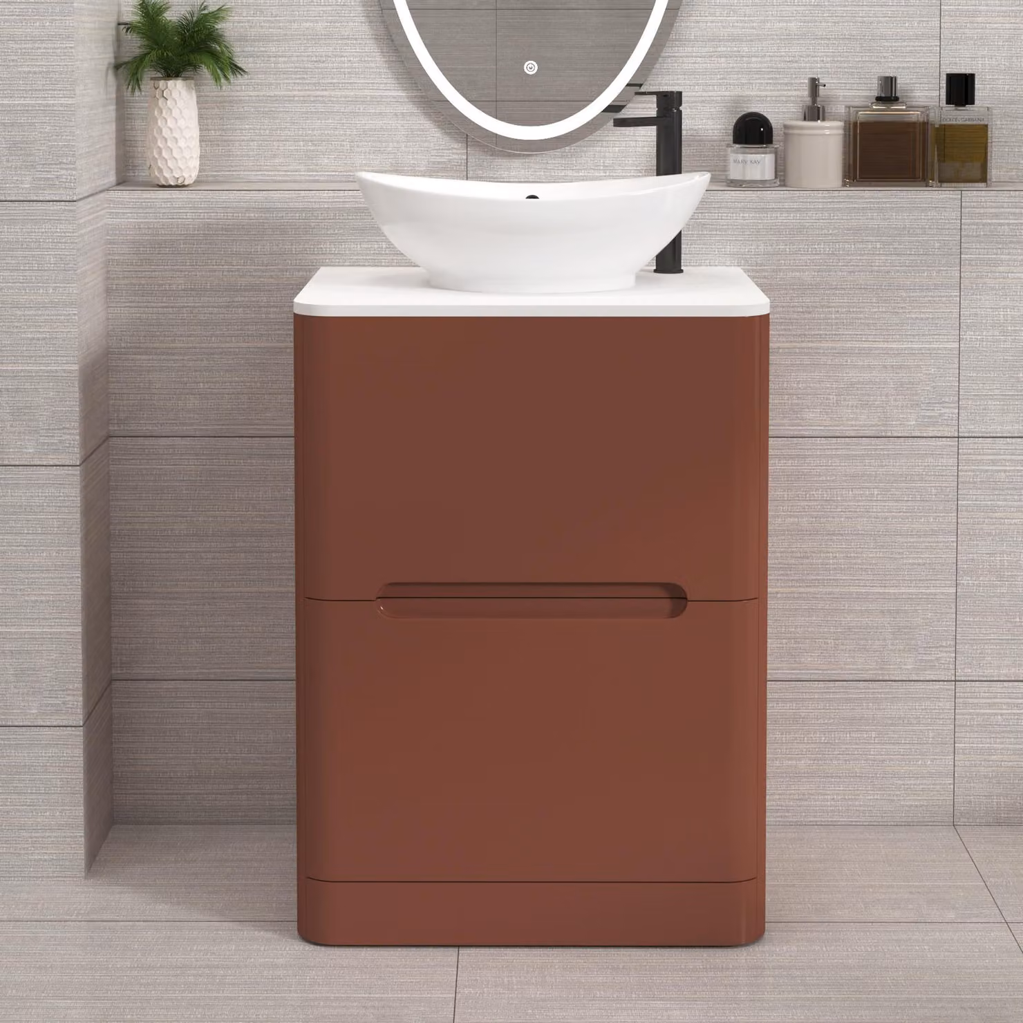 Royal Bathrooms Venice 600mm Terracotta Clay Floor Standing 2 Drawer Vanity Unit with Plain White Worktop and Amaze Basin