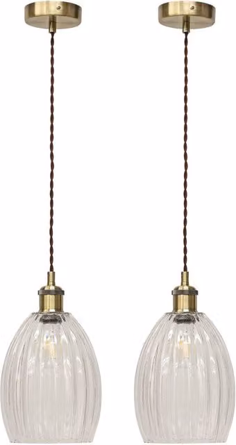 First Choice Lighting Birch Set of 2 Retro Pendant Lights with Transparent Fluted Glass and Antique Brass Finish – 1