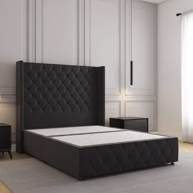 Regional Furnishings Super King Plush Velvet Divan Bed with 54 inch Headboard and Footboard in Black, W/D/H: 200 x 137.16 cm