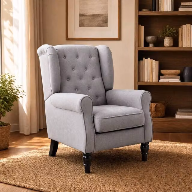 STILVORA Grey Fabric Wingback Armchair with Solid Wood Frame – 1