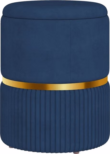 HOMCOM Round Velvet Storage Ottoman Stool in Blue with Gold Accents
