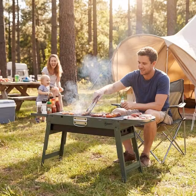 Outsunny Portable Tabletop Charcoal BBQ Grill with 2 Side Shelves and Handle, Green