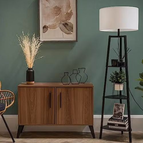 ValueLights Hiru Black 3 Tier Wooden Floor Lamp with White Fabric Cylinder Shade – 3