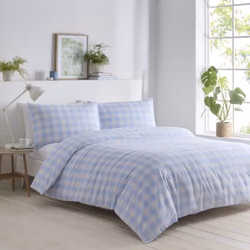 Portfolio Home Blue Gingham Check Double Duvet Cover and Pillowcase Set, W/D/H: 200 x 200 cm and 50 x 75 cm