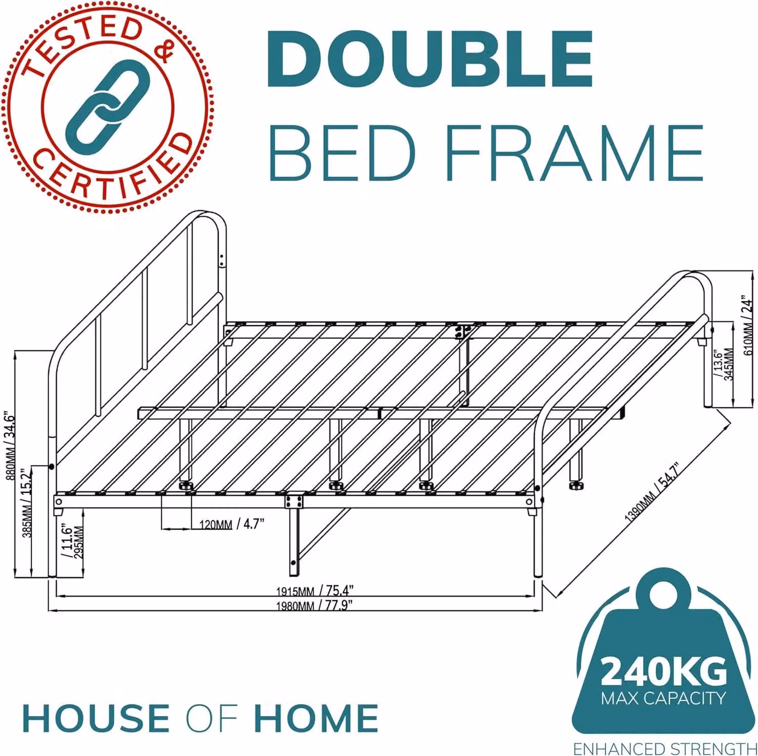 House of Home Double Metal Bed Frame with Rounded Headboard in Black, W/D/H: 140 x 200 cm – 2