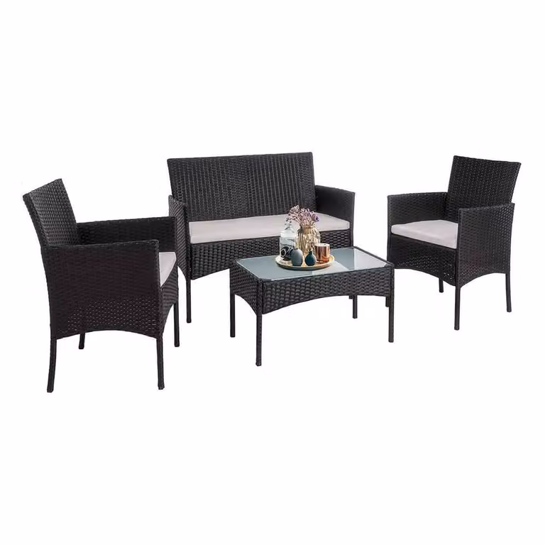 FLAVORA Black Polyrattan Outdoor Garden Furniture Set with Upholstered Cushions, Lounge Armchair and Coffee Table