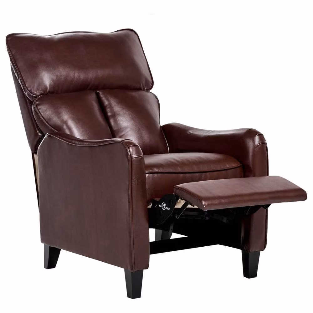 Wyld and Coco Heritage Recliner Armchair in Dark Brown Faux Leather with Ottoman and Solid Wood Frame – 2