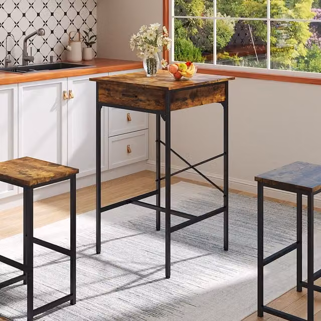 Livingandhome Rustic Brown and Black Square Wood Bar Table with Built-In Charging Station