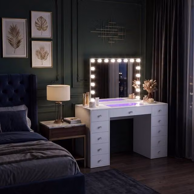 FENCHILIN White Modern Dressing Table with 11 Drawers and 18 LED Hollywood Mirror featuring RGB Lighting