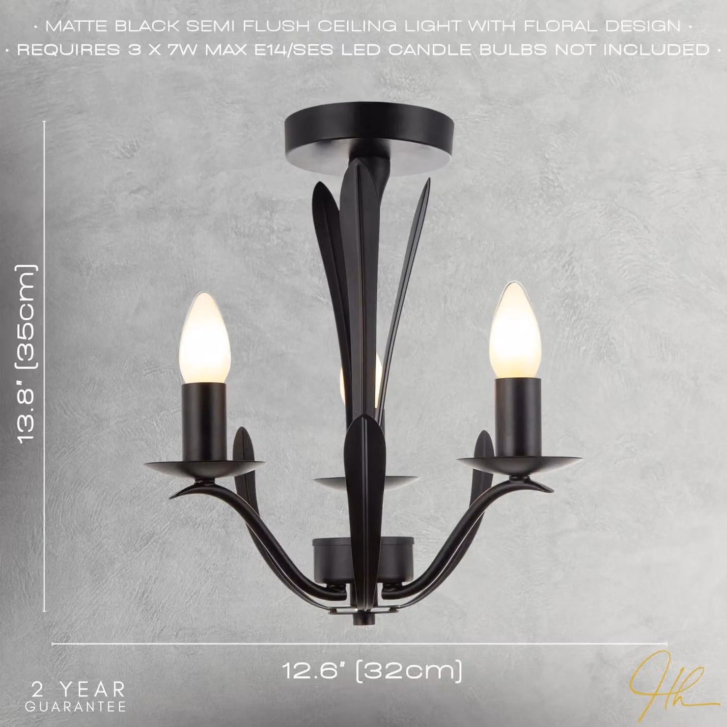 Happy Homewares 3-Arm Classic Ceiling Light in Black with Metal and Glass Details – 6
