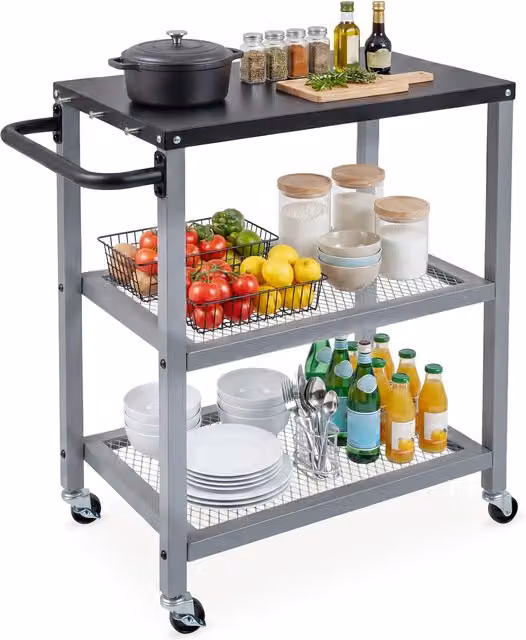 COSTWAY 3-Tier Metal Rolling Kitchen Grill Cart in Silver