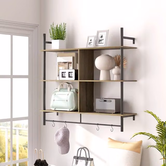 HOMCOM Industrial Wall Mounted Floating Shelves with 4 Hooks in Grey Wood Effect